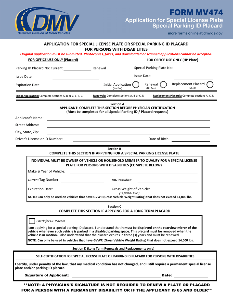 Form MV474 Application for Special License Plate or Special Parking Id Placard for Persons With Disabilities - Delaware, Page 1