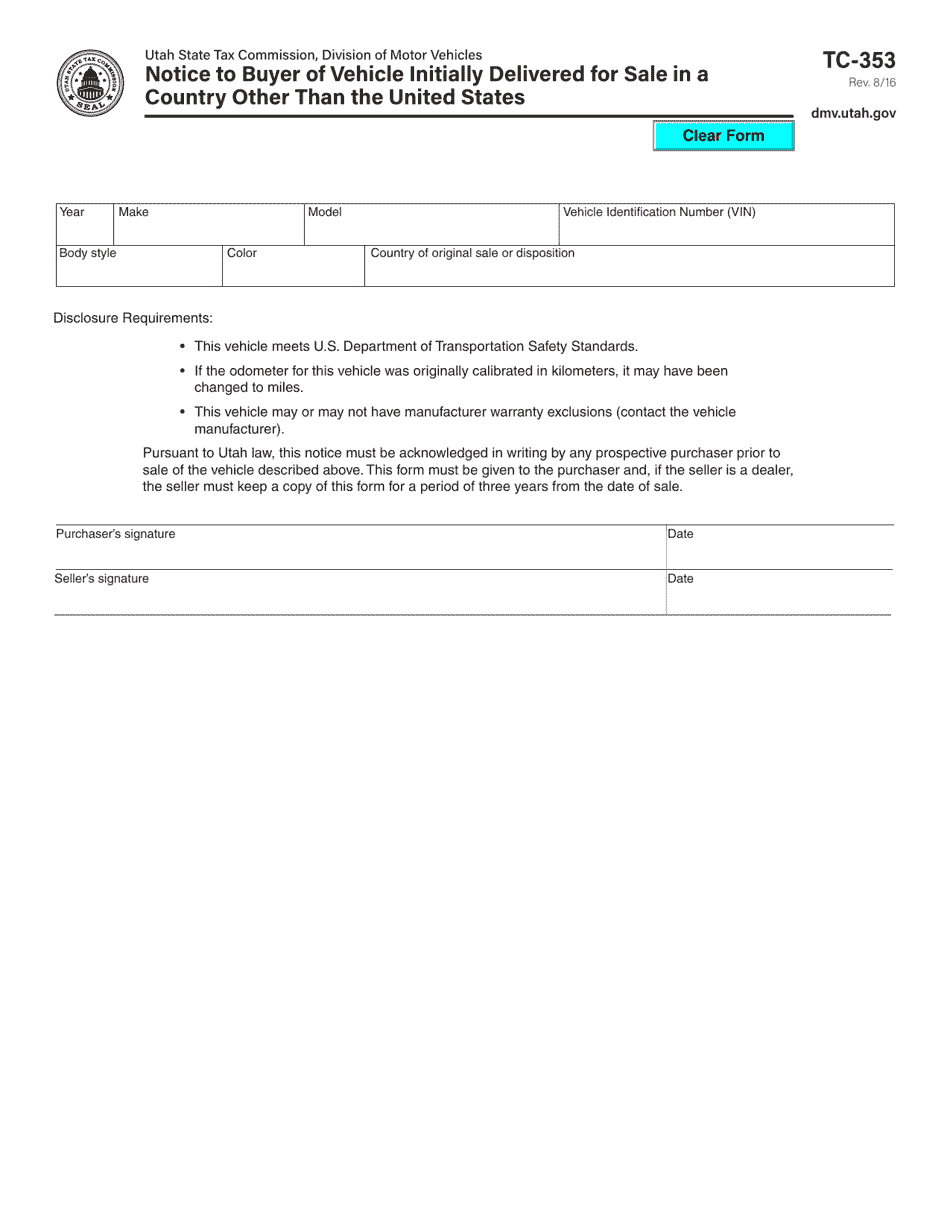 Form TC-353 Notice to Buyer of Vehicle Initially Delivered for Sale in a Country Other Than the United States - Utah, Page 1