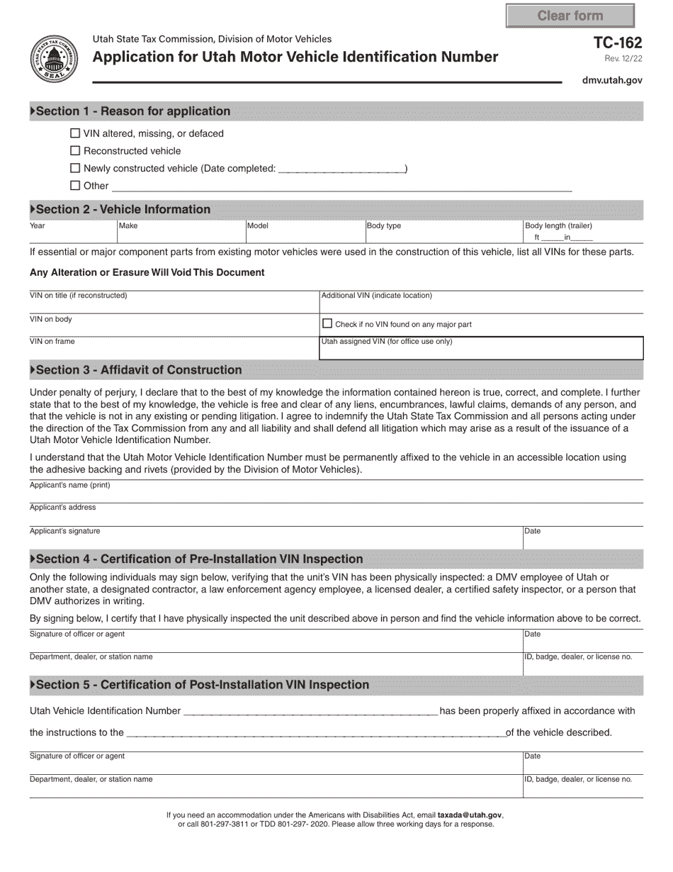 Form TC-162 Application for Utah Motor Vehicle Identification Number - Utah, Page 1