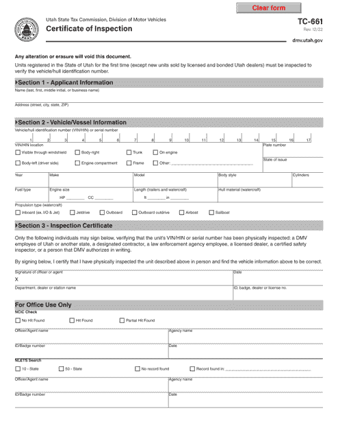Form TC-661 Certificate of Inspection - Utah