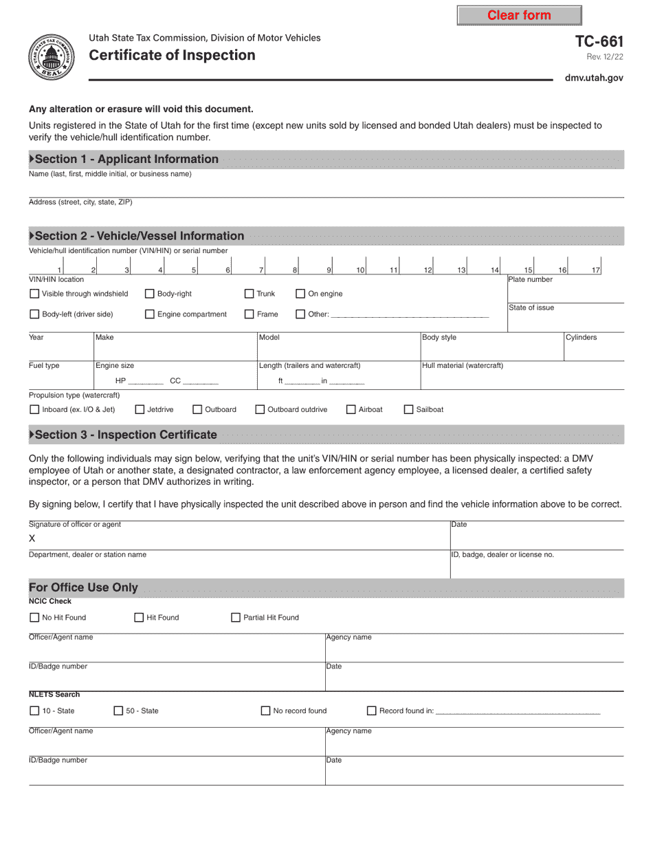 Form TC-661 Certificate of Inspection - Utah, Page 1