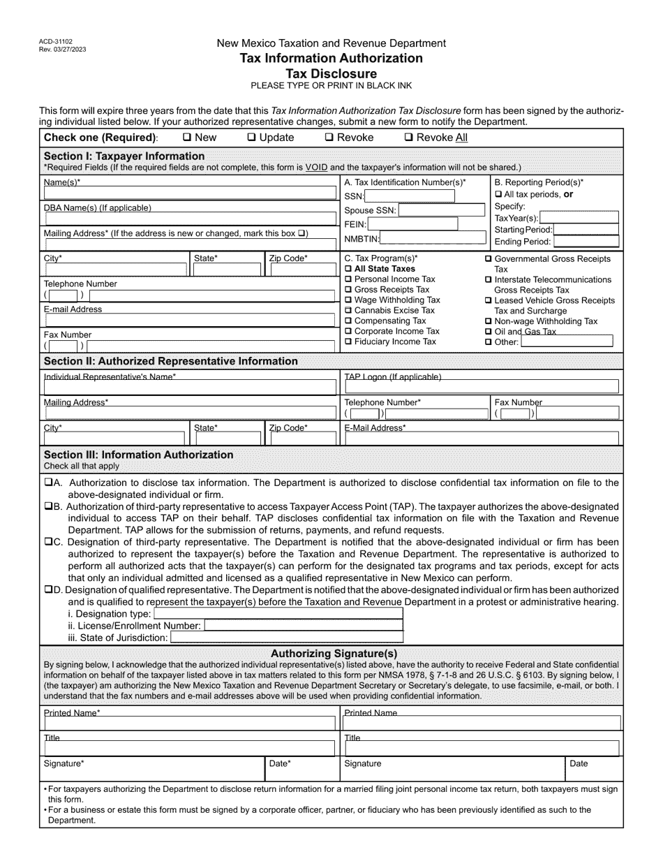 Form ACD-31102 Tax Information Authorization Tax Disclosure - New Mexico, Page 1