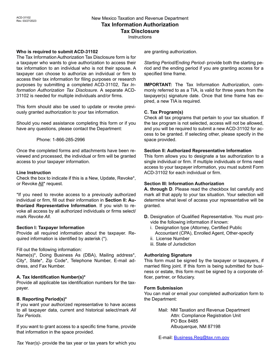 Form ACD-31102 Tax Information Authorization Tax Disclosure - New Mexico, Page 2