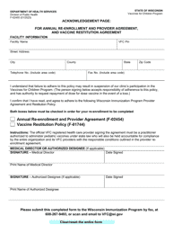 Document preview: Form F-02455 Acknowledgement Page: for Annual Re-enrollment and Provider Agreement, and Vaccine Restitution Agreement - Wisconsin