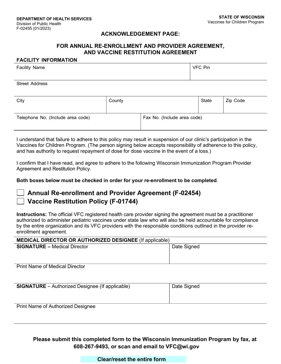 Form F-02455 Acknowledgement Page: for Annual Re-enrollment and Provider Agreement, and Vaccine Restitution Agreement - Wisconsin, Page 1