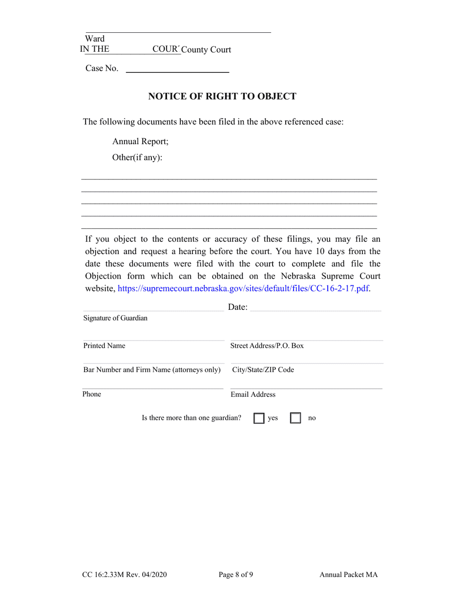 Form CC16:2.33M Annual Packet Ma - Guardianship for a Minor Annual Reporting Forms - Nebraska, Page 10