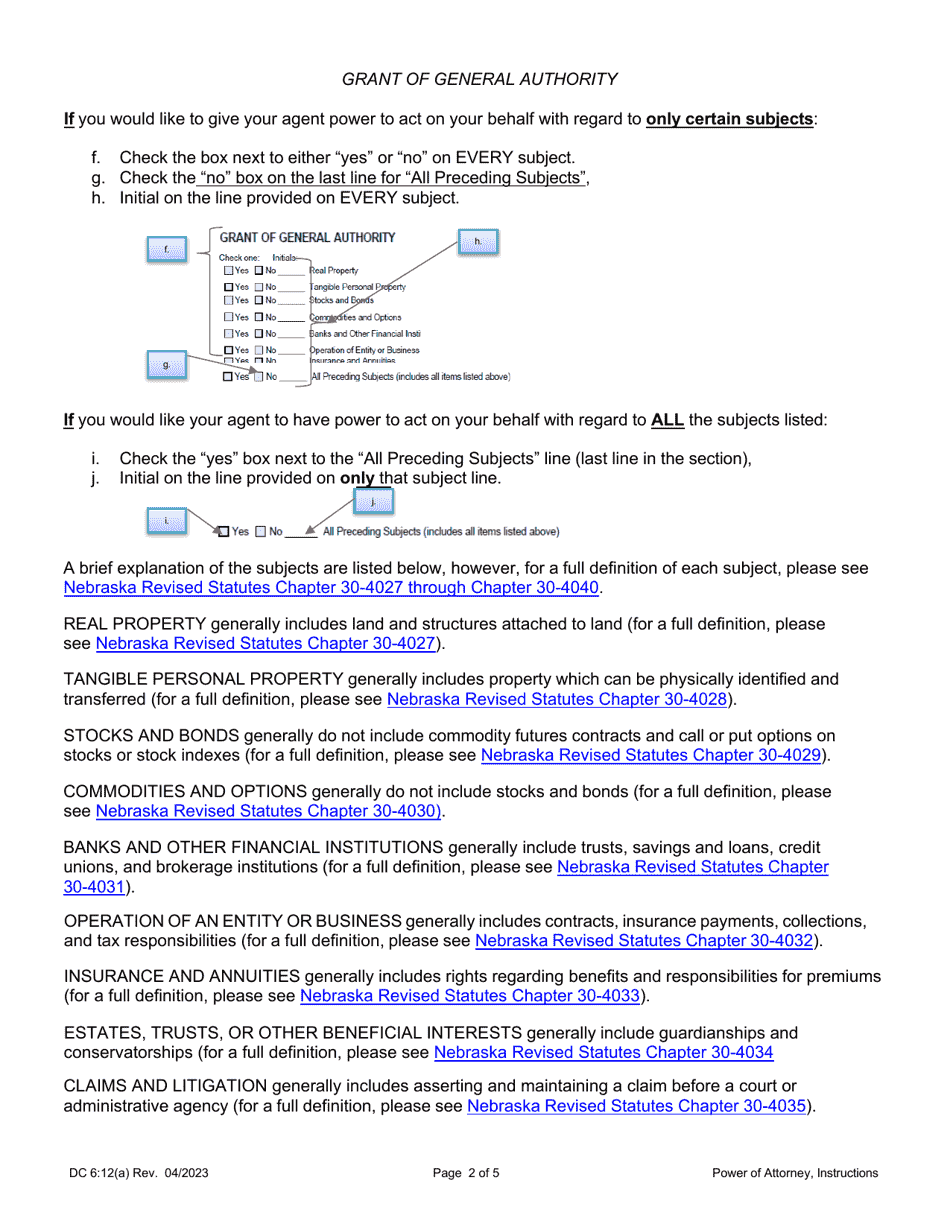 Instructions for Form DC6:12 Nebraska Power of Attorney - Nebraska, Page 2
