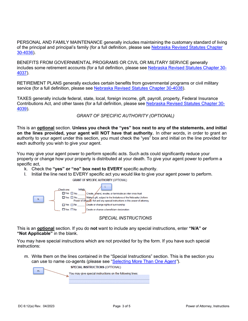 Instructions for Form DC6:12 Nebraska Power of Attorney - Nebraska, Page 3