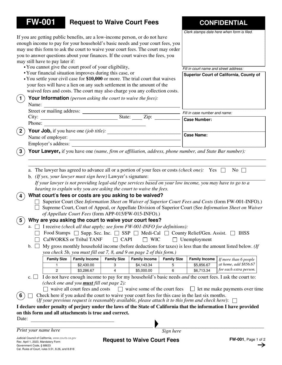 Form FW-001 Request to Waive Court Fees - California, Page 1