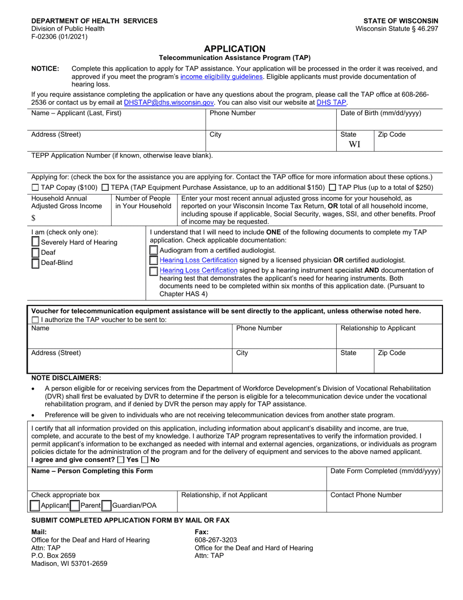 Form F-02306 Application for Telecommunication Assistance Program (Tap) - Wisconsin, Page 1