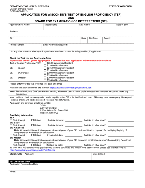 Form F-02530 Application for Wisconsin's Test of English Proficiency (Tep) and Board for Examination of Interpreters (Bei) - Wisconsin