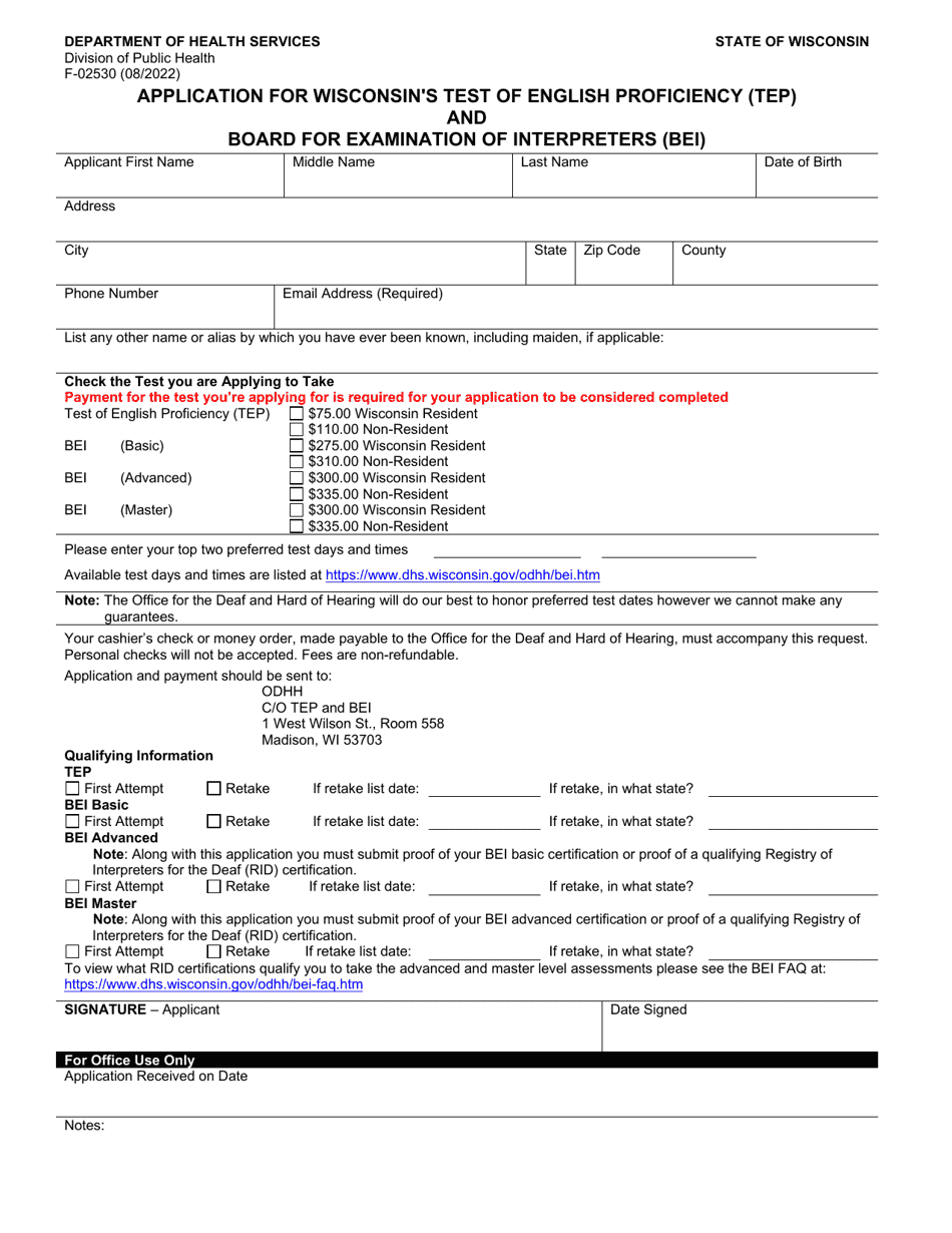 Form F-02530 Application for Wisconsins Test of English Proficiency (Tep) and Board for Examination of Interpreters (Bei) - Wisconsin, Page 1