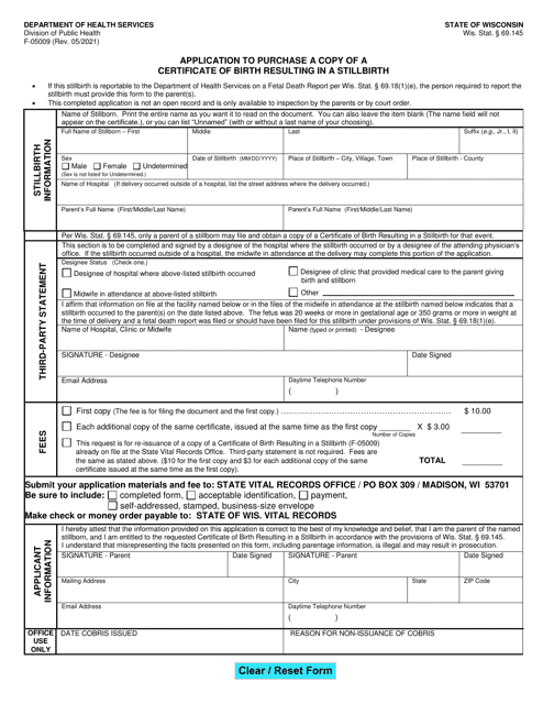 Form F-05009 Application to Purchase a Copy of a Certificate of Birth Resulting in a Stillbirth - Wisconsin