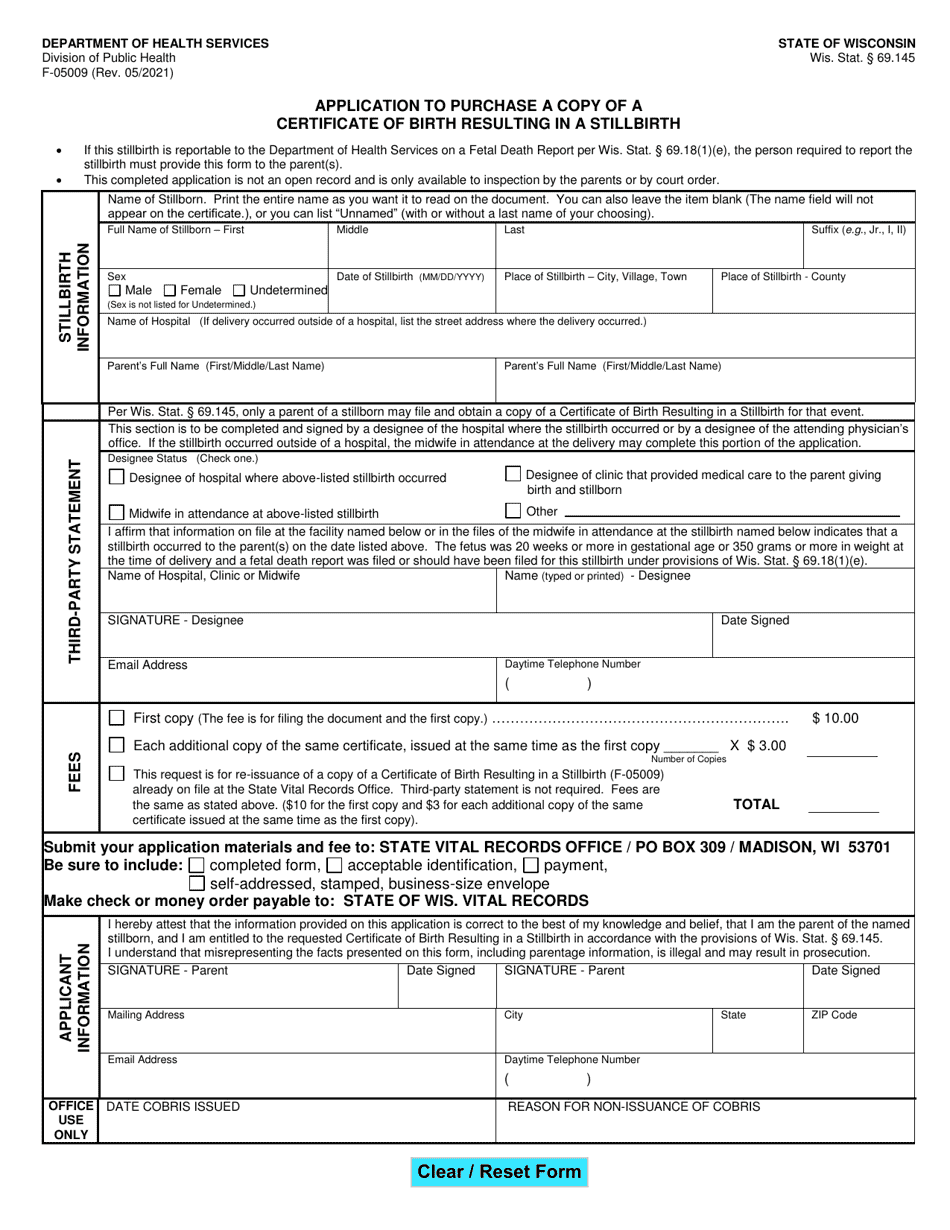 Form F-05009 Application to Purchase a Copy of a Certificate of Birth Resulting in a Stillbirth - Wisconsin, Page 1