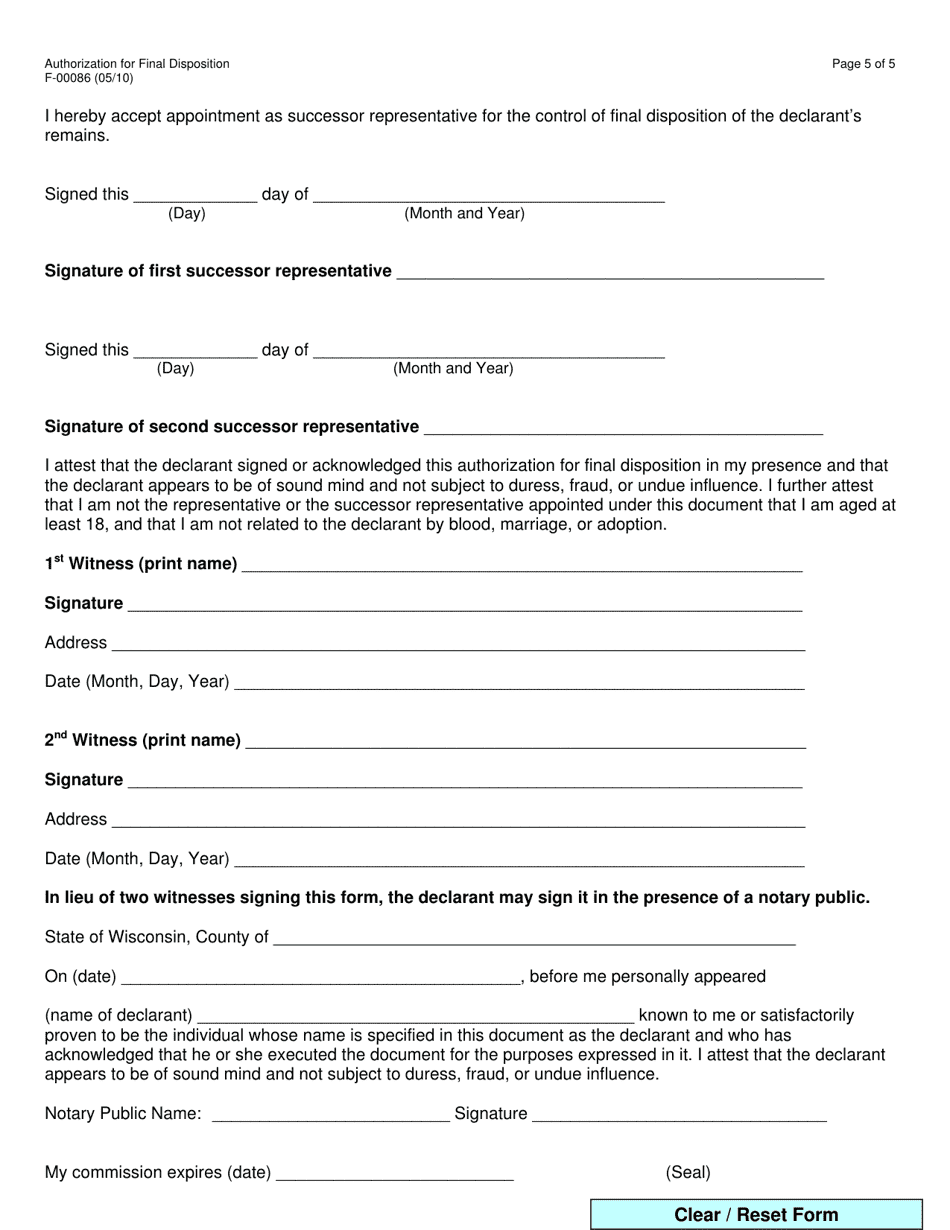 Form F-00086 Authorization for Final Disposition - Wisconsin, Page 5