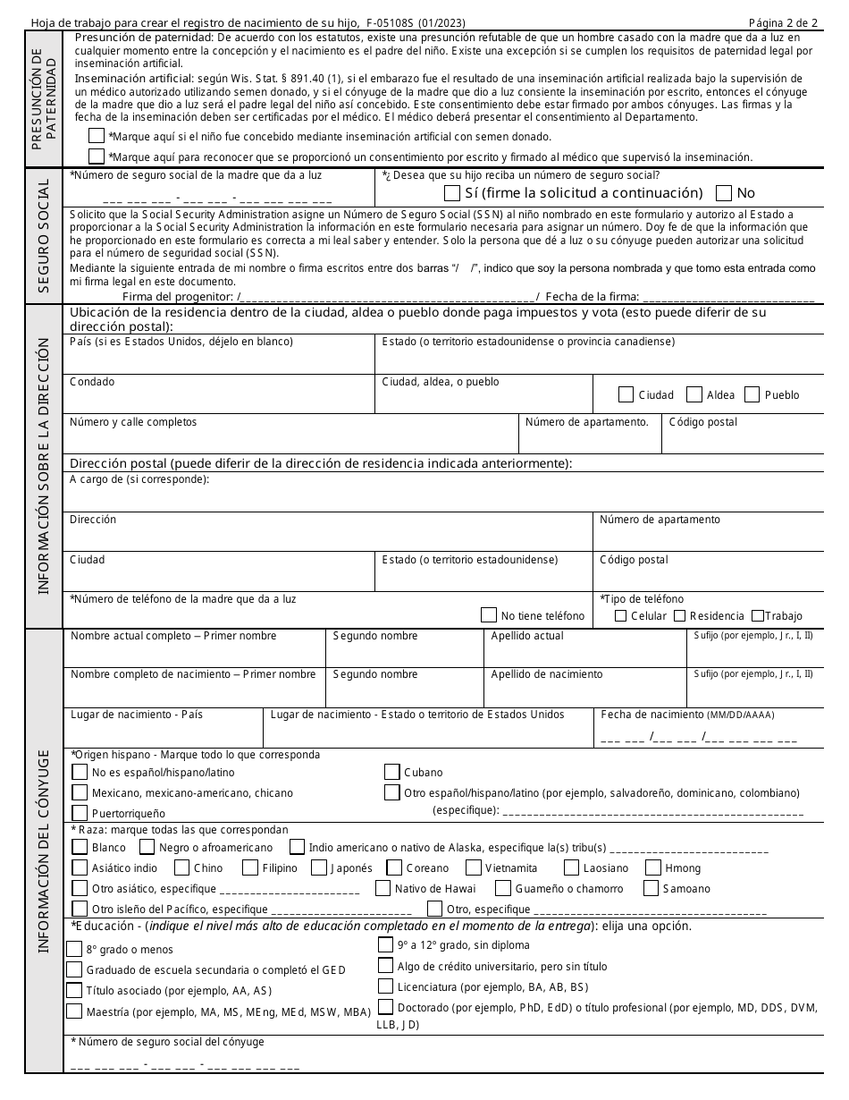 Formulario F-05108S Hoja De Trabajo Para Crear El Registro De Nacimiento De Su Hijo - Wisconsin (Spanish), Page 2