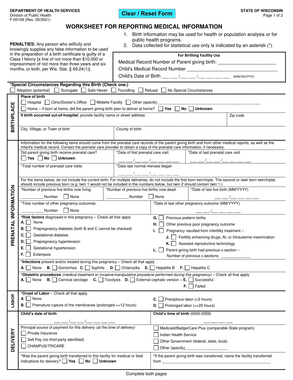 Form F-05109 Worksheet for Reporting Medical Information - Wisconsin, Page 1