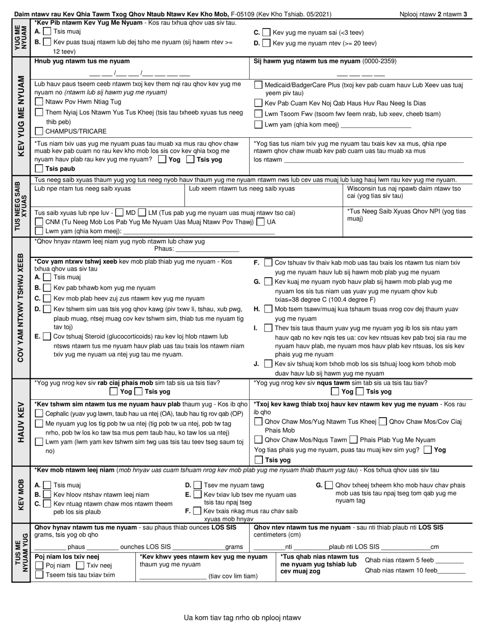 Form F-05109 Worksheet for Reporting Medical Information - Wisconsin (Hmong), Page 2