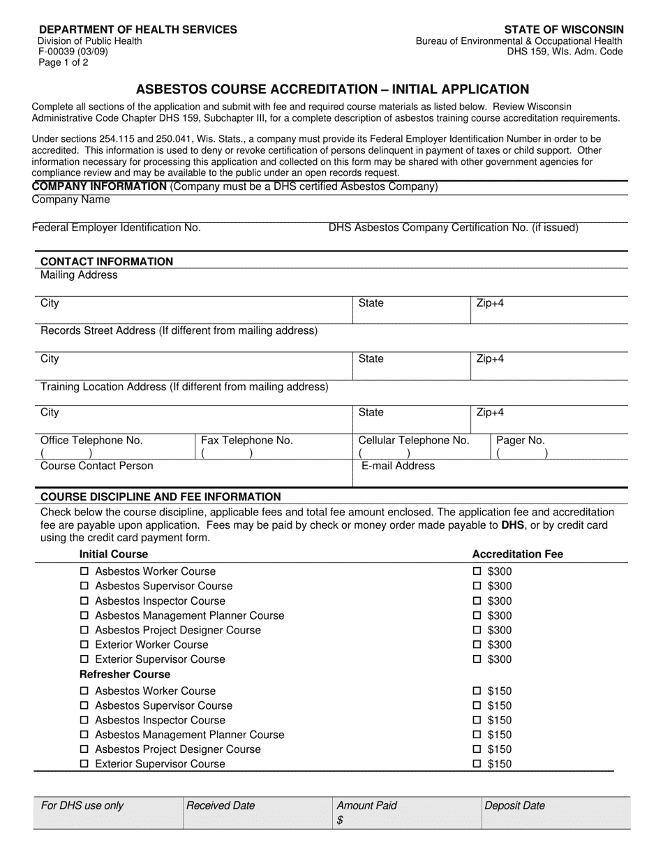 Form F-00039 Asbestos Course Accreditation - Initial Application - Wisconsin, Page 1