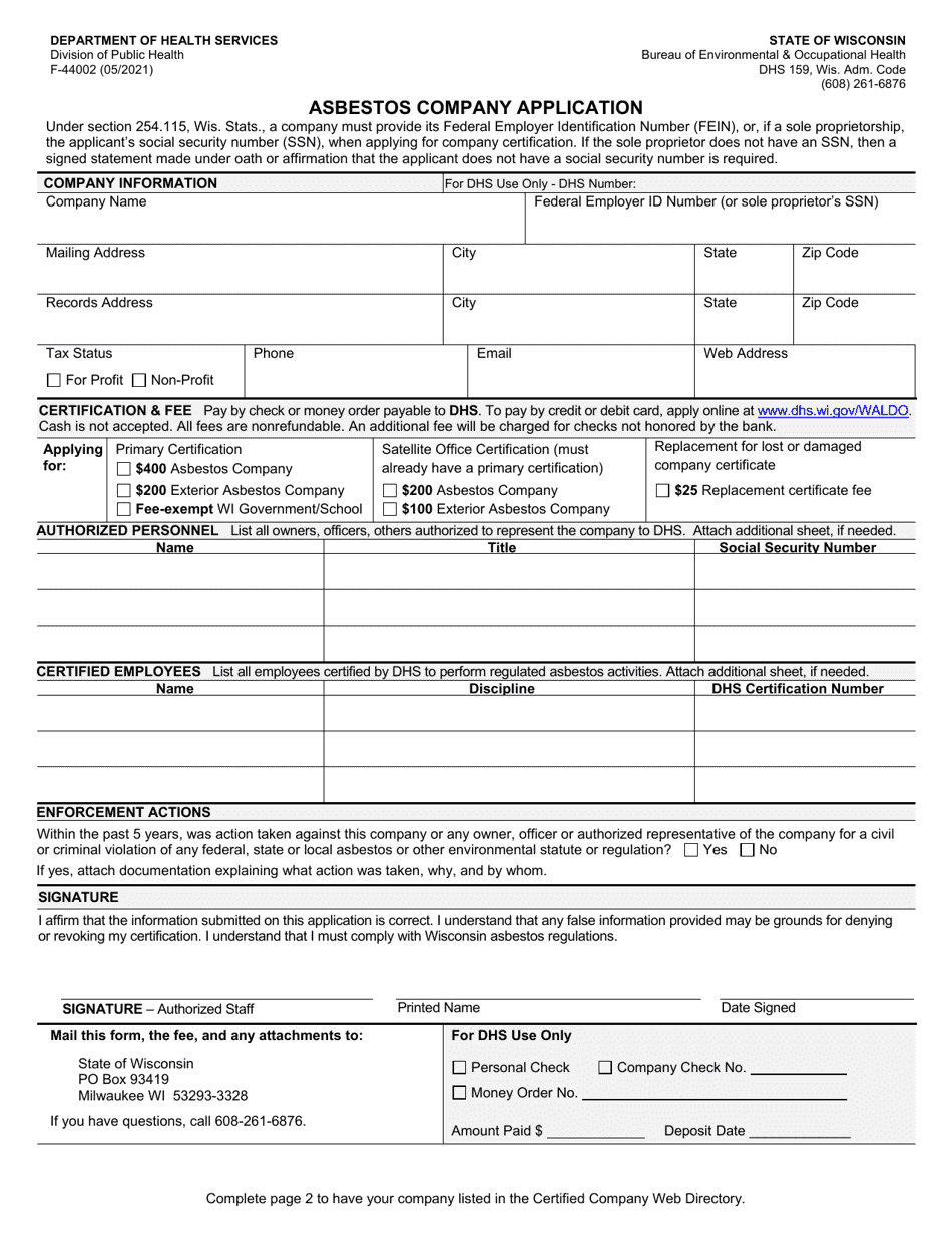 Form F-44002 Asbestos Certification Application - Wisconsin, Page 1
