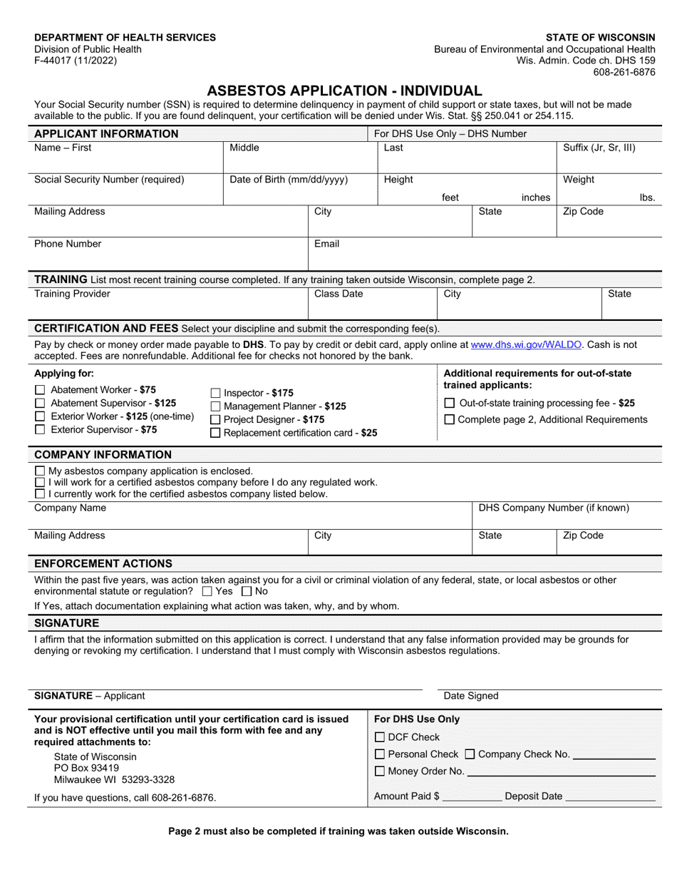 Form F-44017 Asbestos Application - Individual - Wisconsin, Page 1