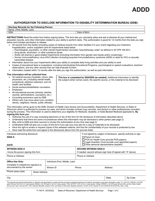 Form F-14014 Authorization to Disclose Information to Disability Determination Bureau (Ddb) - Wisconsin