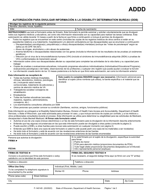 Formulario F-14014S Authorization to Disclose Information to Disability Determination Bureau (Ddb) - Wisconsin (Spanish)