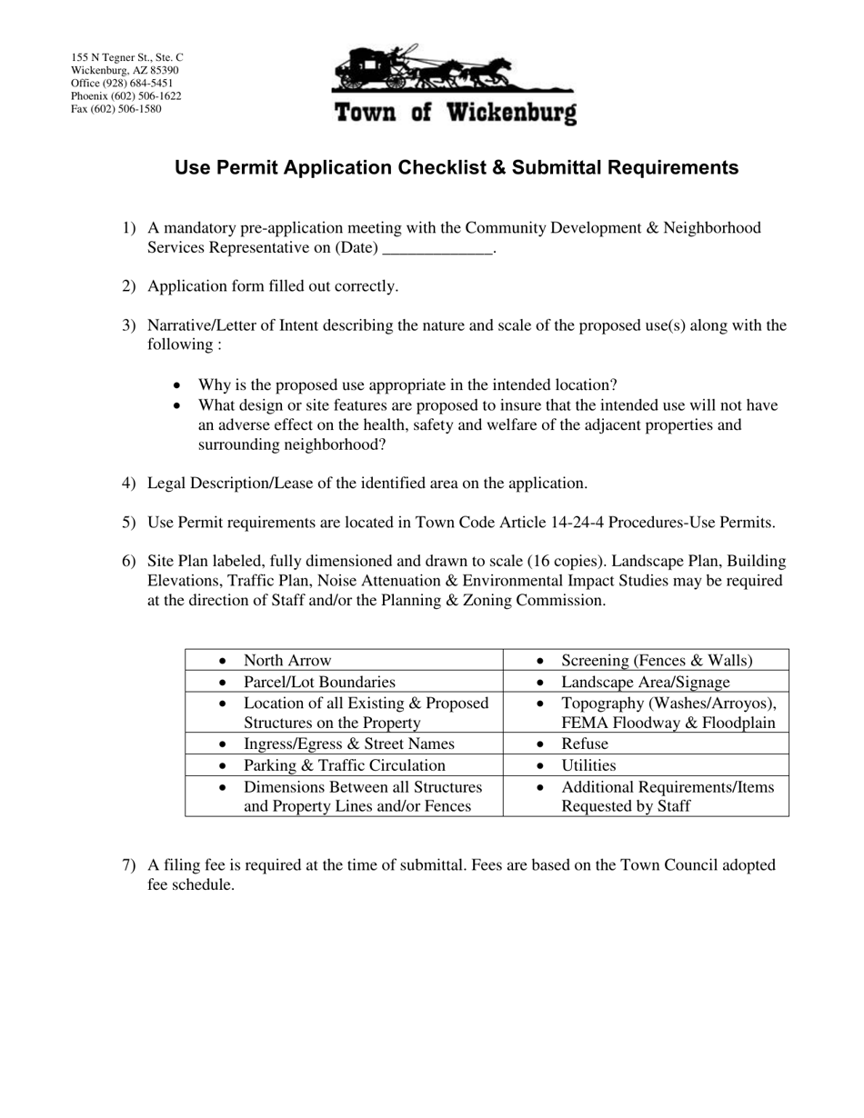 Use Permit Application Checklist  Submittal Requirements - Town of Wickenburg, Arizona, Page 1