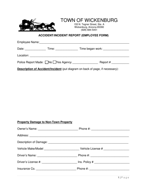 Accident / Incident Report (Employee Form) - Town of Wickenburg, Arizona Download Pdf