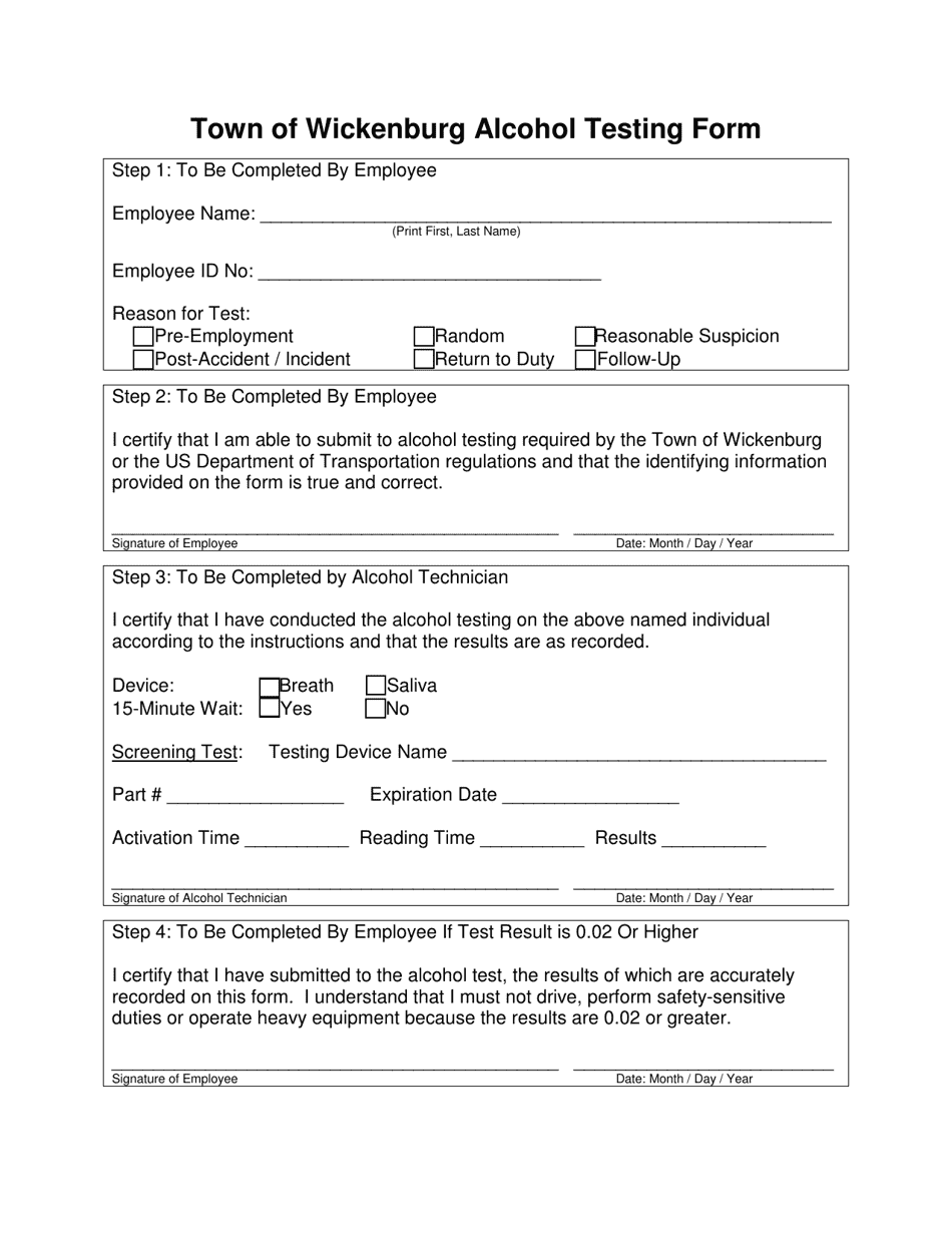 Town of Wickenburg, Arizona Alcohol Testing Form Fill Out, Sign