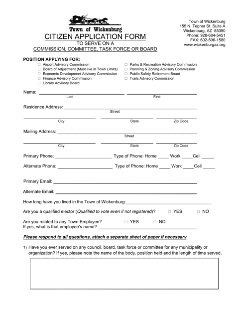 Citizen Application Form to Serve on a Commission, Committee, Task Force or Board - Town of Wickenburg, Arizona Download Pdf