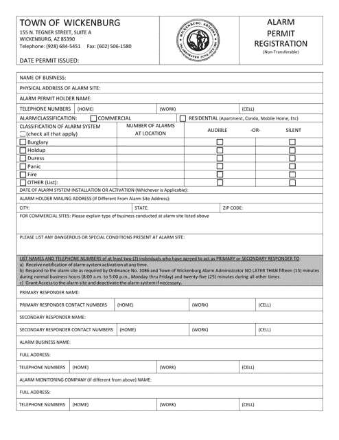 Alarm Permit Registration (Non-transferable) - Town of Wickenburg, Arizona Download Pdf