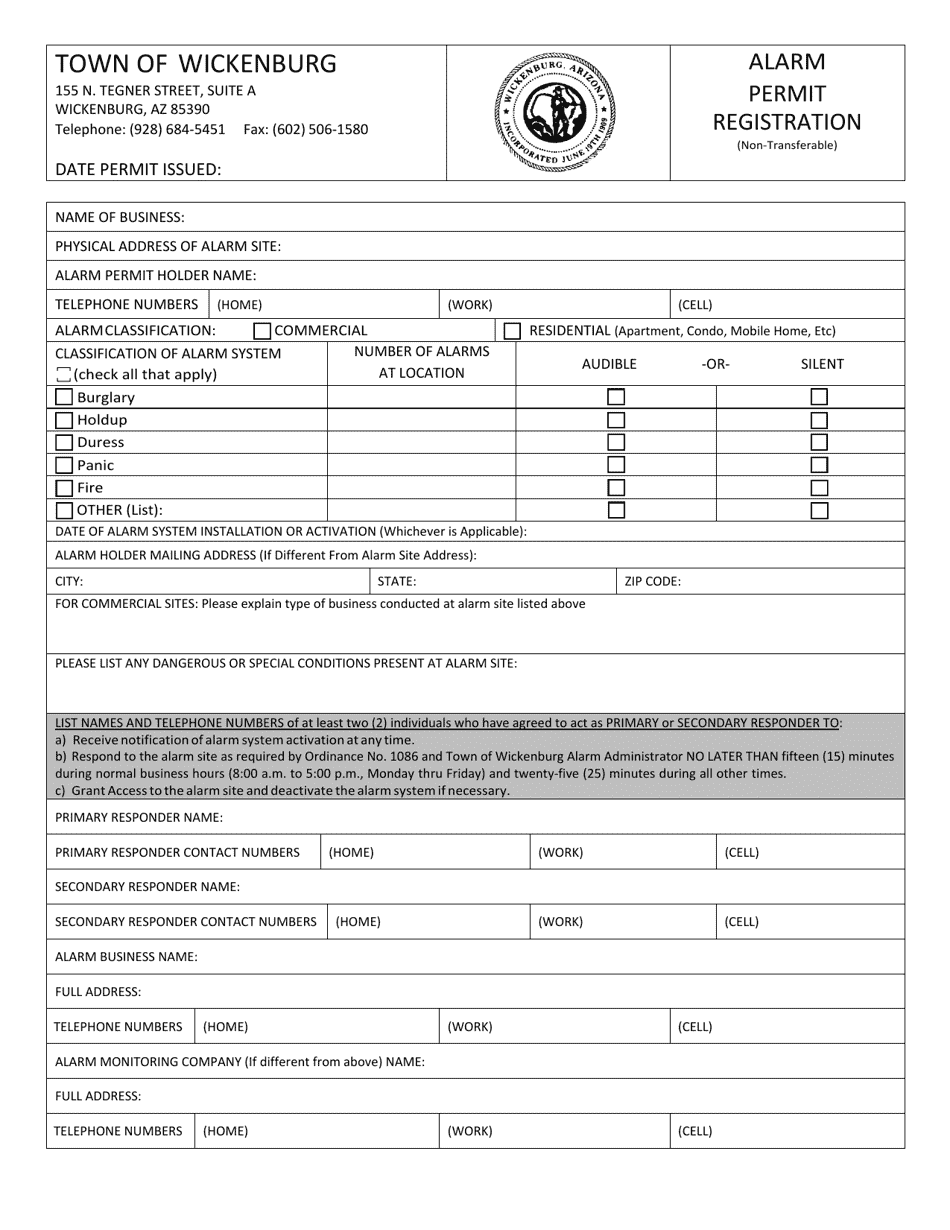 Town of Wickenburg, Arizona Alarm Permit Registration (Nontransferable