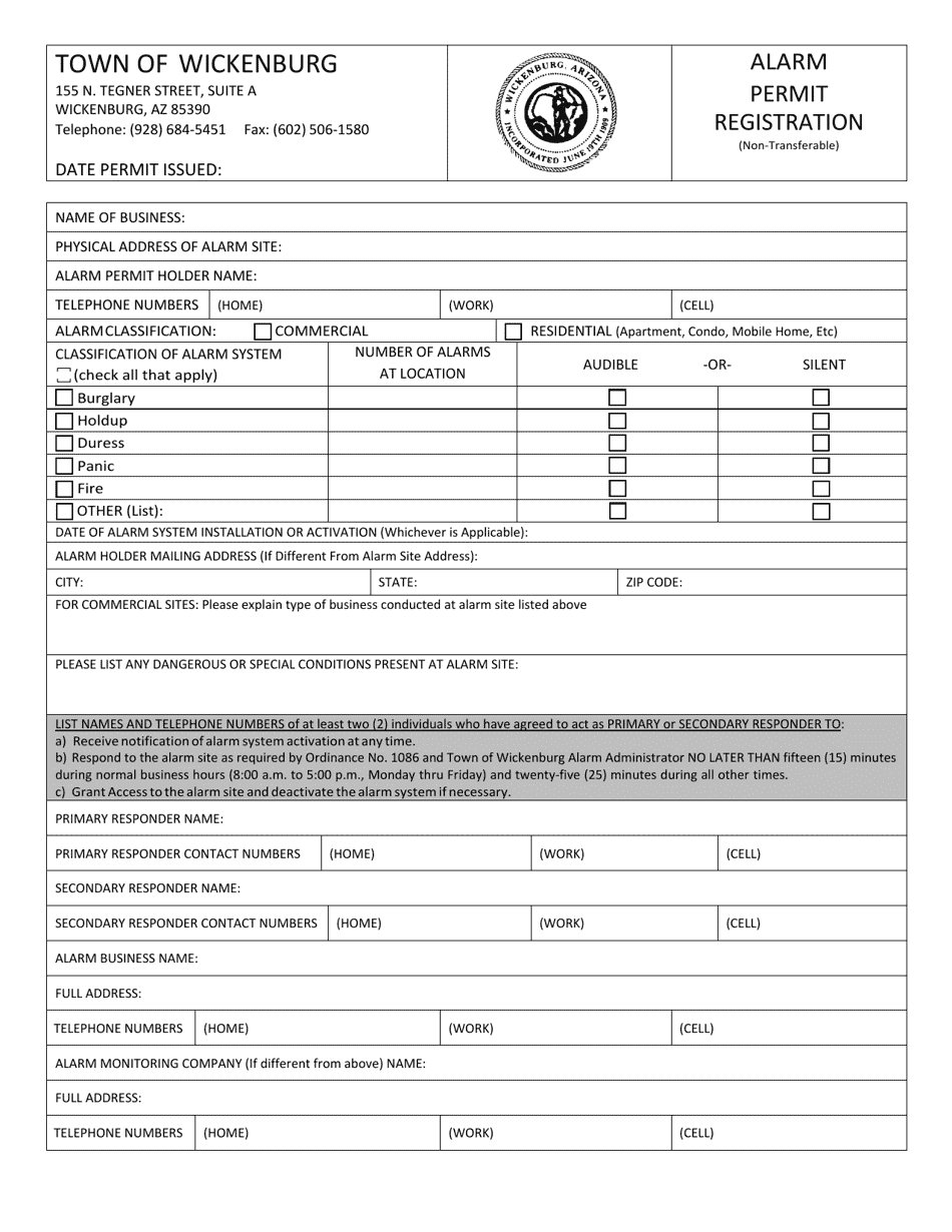 Alarm Permit Registration (Non-transferable) - Town of Wickenburg, Arizona, Page 1