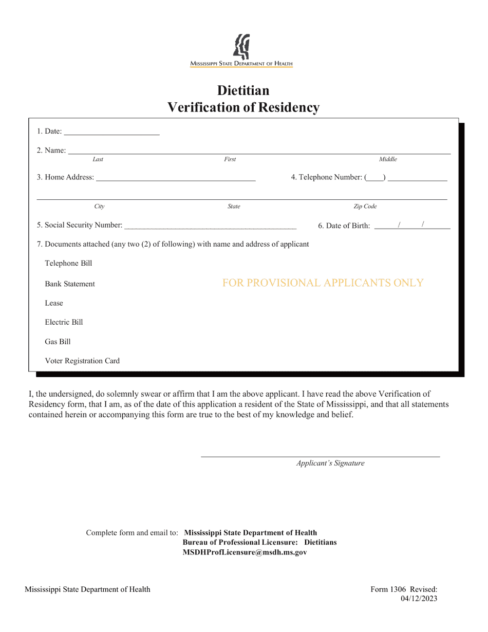 Form 1306 Dietitian Verification of Residency - Mississippi, Page 1