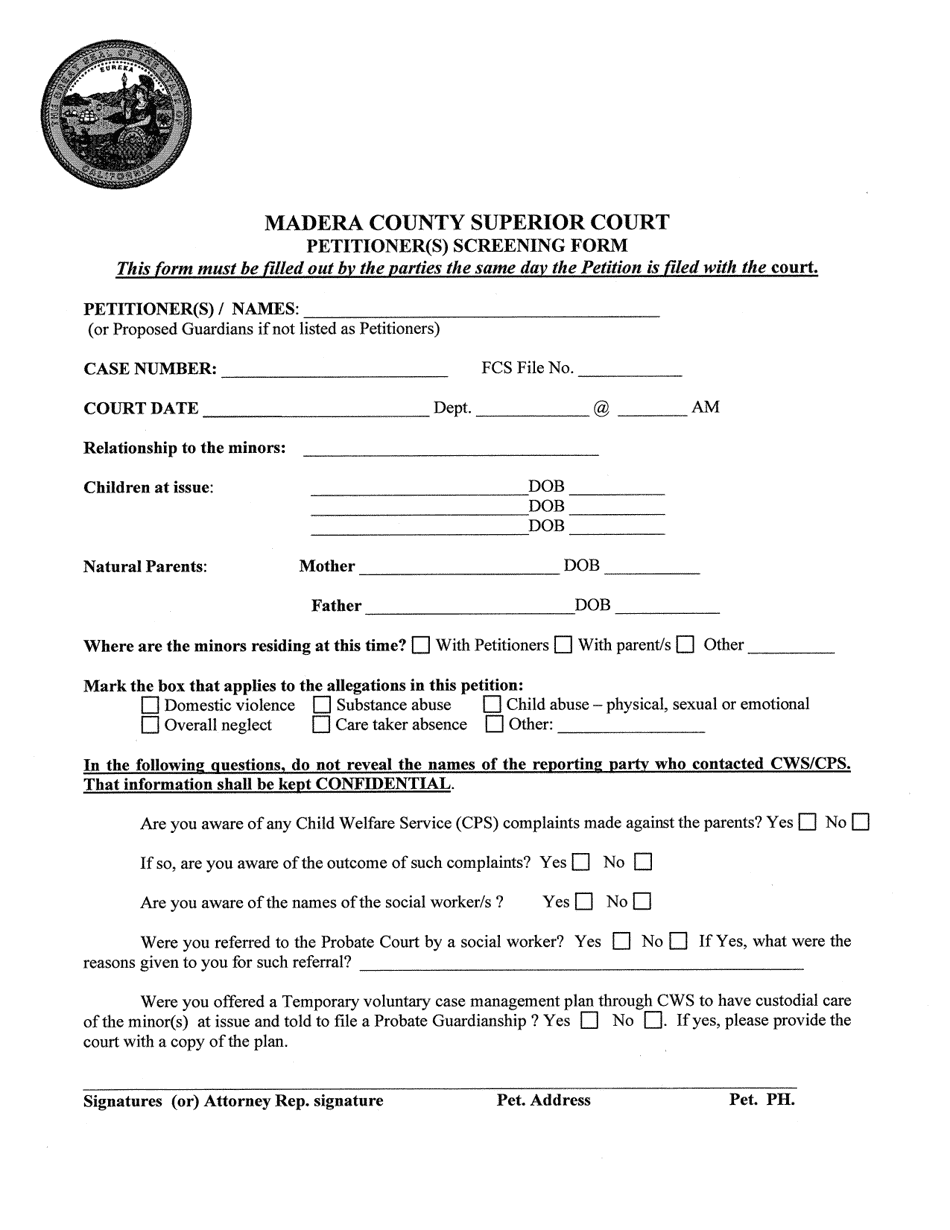 Petitioner(S) Screening Form - County of Madera, California, Page 1