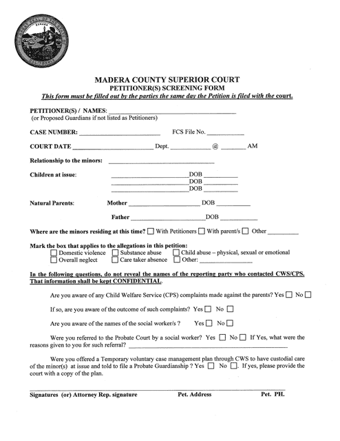 Petitioner(S) Screening Form - County of Madera, California Download Pdf