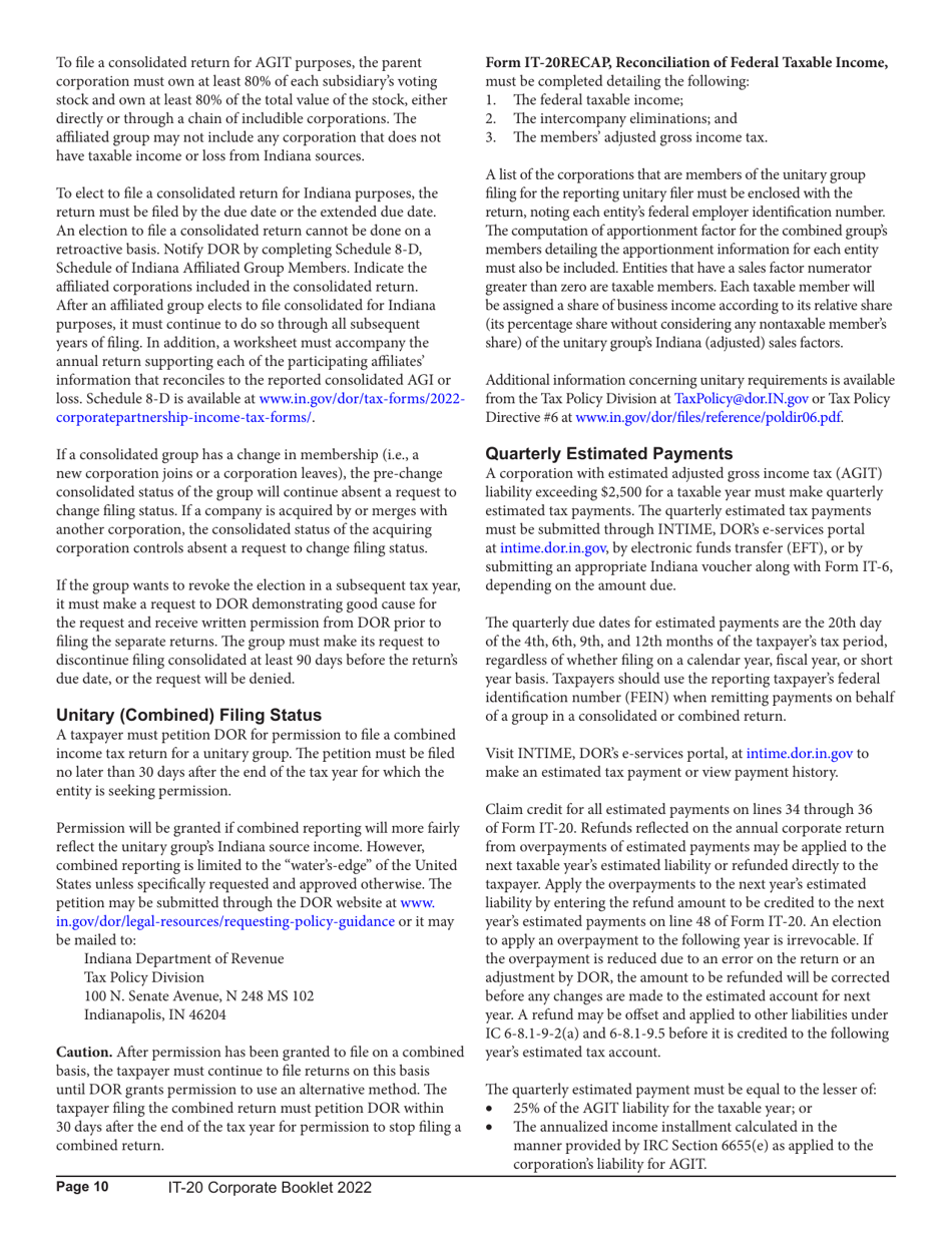 Instructions for Form IT-20, State Form 44275 Indiana Corporate Adjusted Gross Income Tax Return - Indiana, Page 10