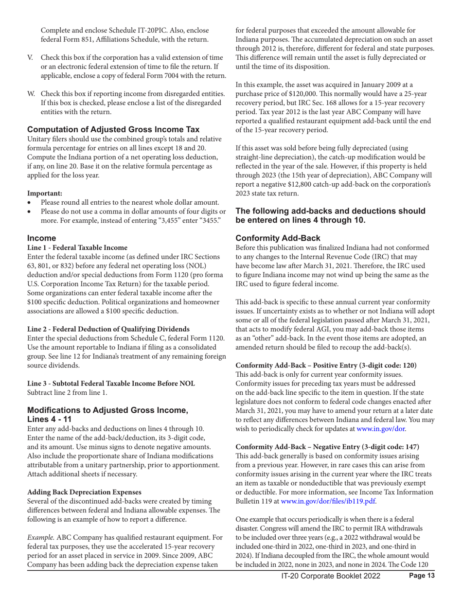Instructions for Form IT-20, State Form 44275 Indiana Corporate Adjusted Gross Income Tax Return - Indiana, Page 13