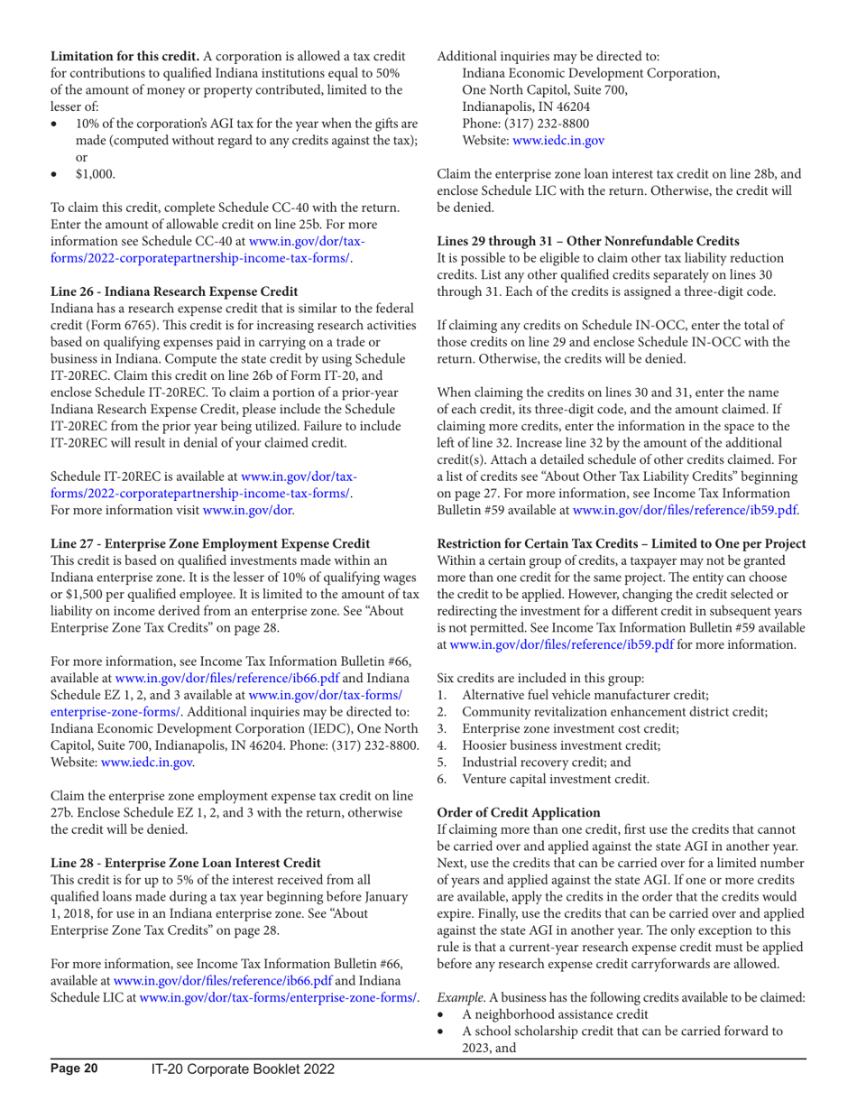 Instructions for Form IT-20, State Form 44275 Indiana Corporate Adjusted Gross Income Tax Return - Indiana, Page 20