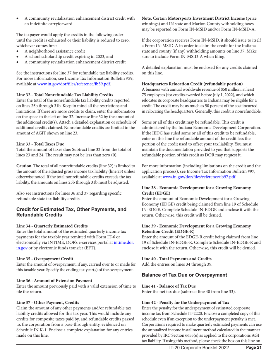 Instructions for Form IT-20, State Form 44275 Indiana Corporate Adjusted Gross Income Tax Return - Indiana, Page 21