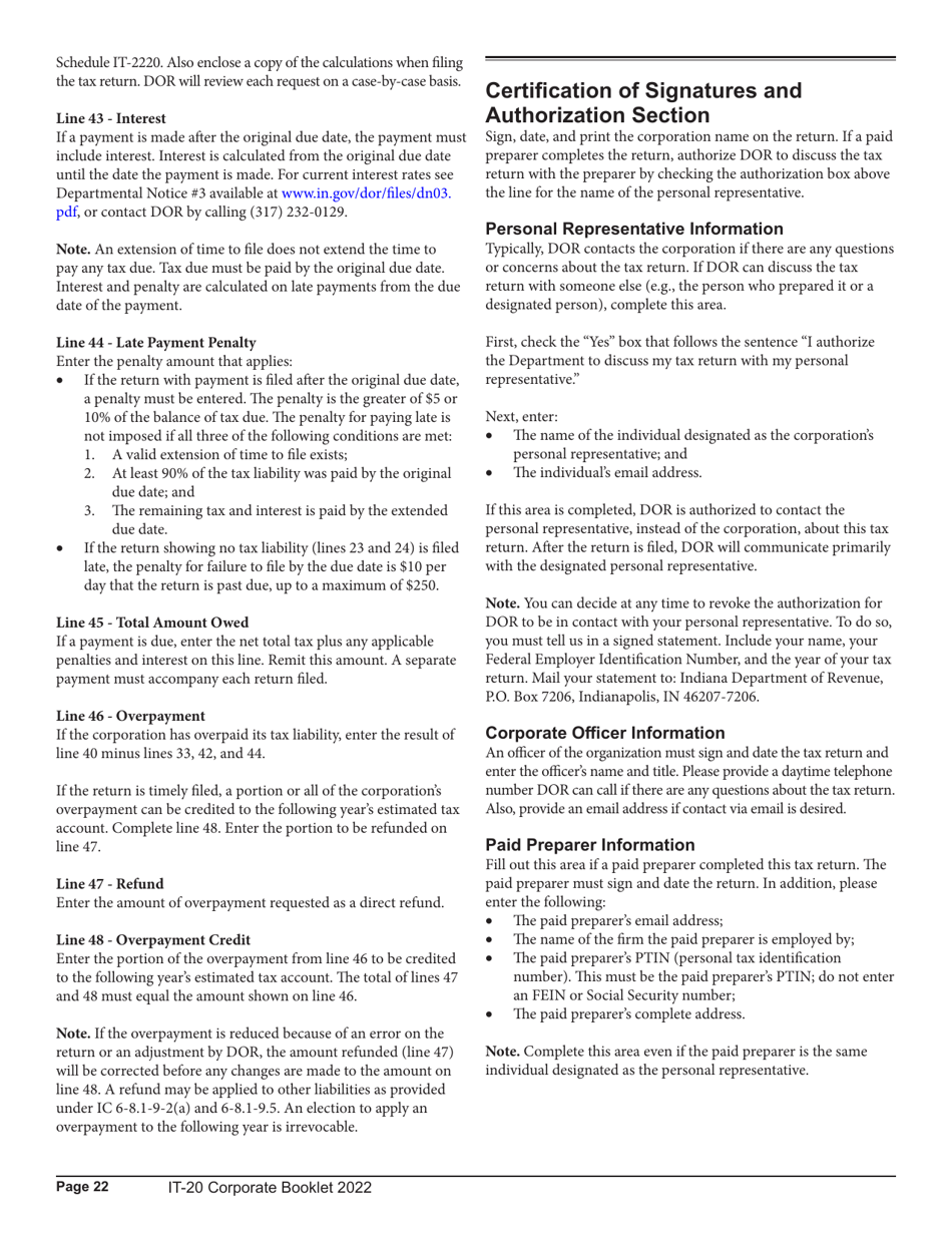 Download Instructions for Form IT-20, State Form 44275 Indiana ...