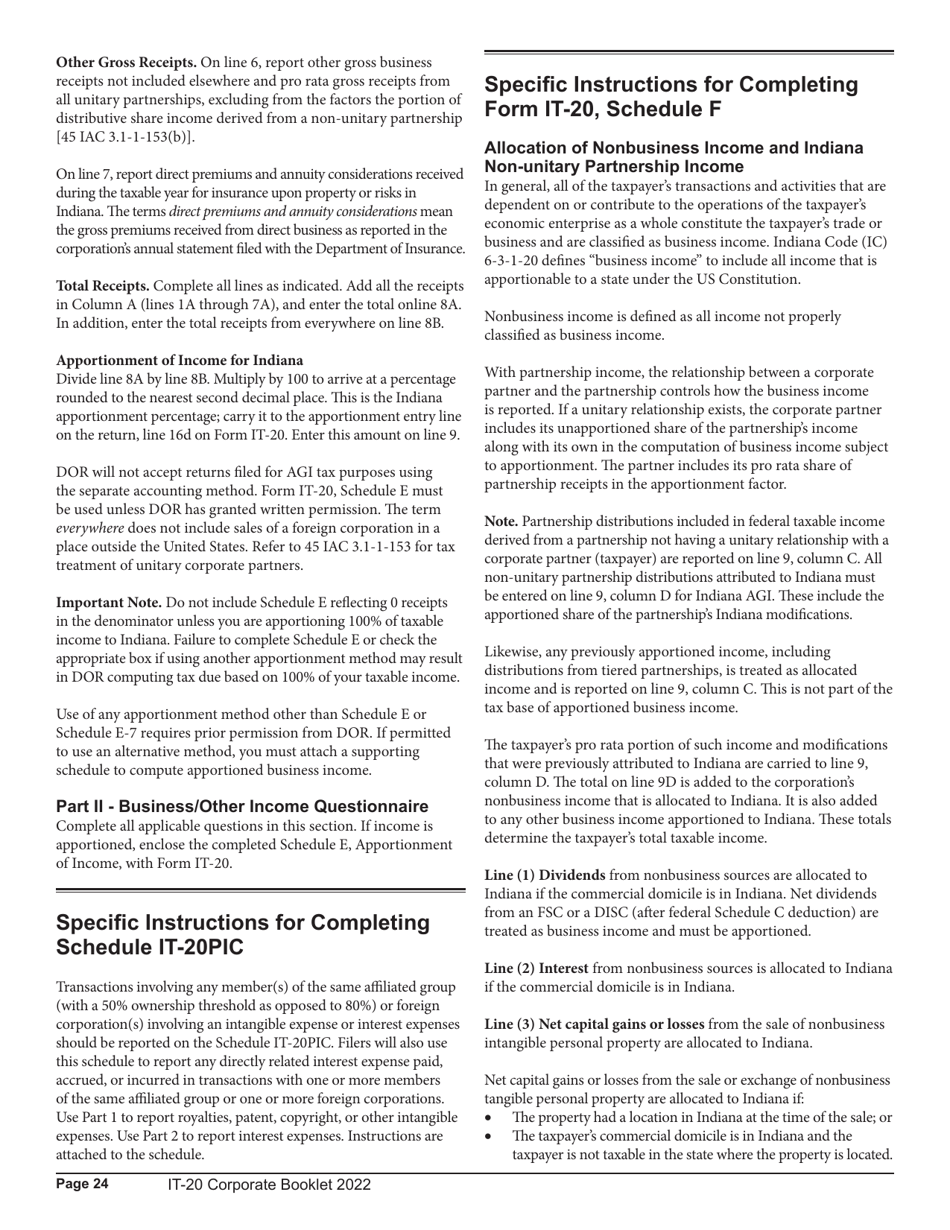 Instructions for Form IT-20, State Form 44275 Indiana Corporate Adjusted Gross Income Tax Return - Indiana, Page 24