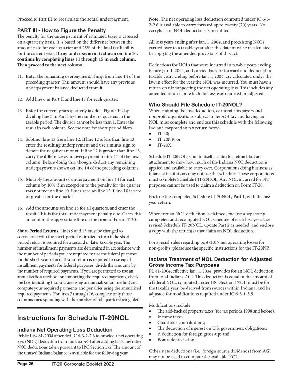Instructions for Form IT-20, State Form 44275 Indiana Corporate Adjusted Gross Income Tax Return - Indiana, Page 26