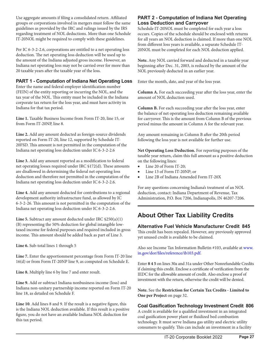 Instructions for Form IT-20, State Form 44275 Indiana Corporate Adjusted Gross Income Tax Return - Indiana, Page 27