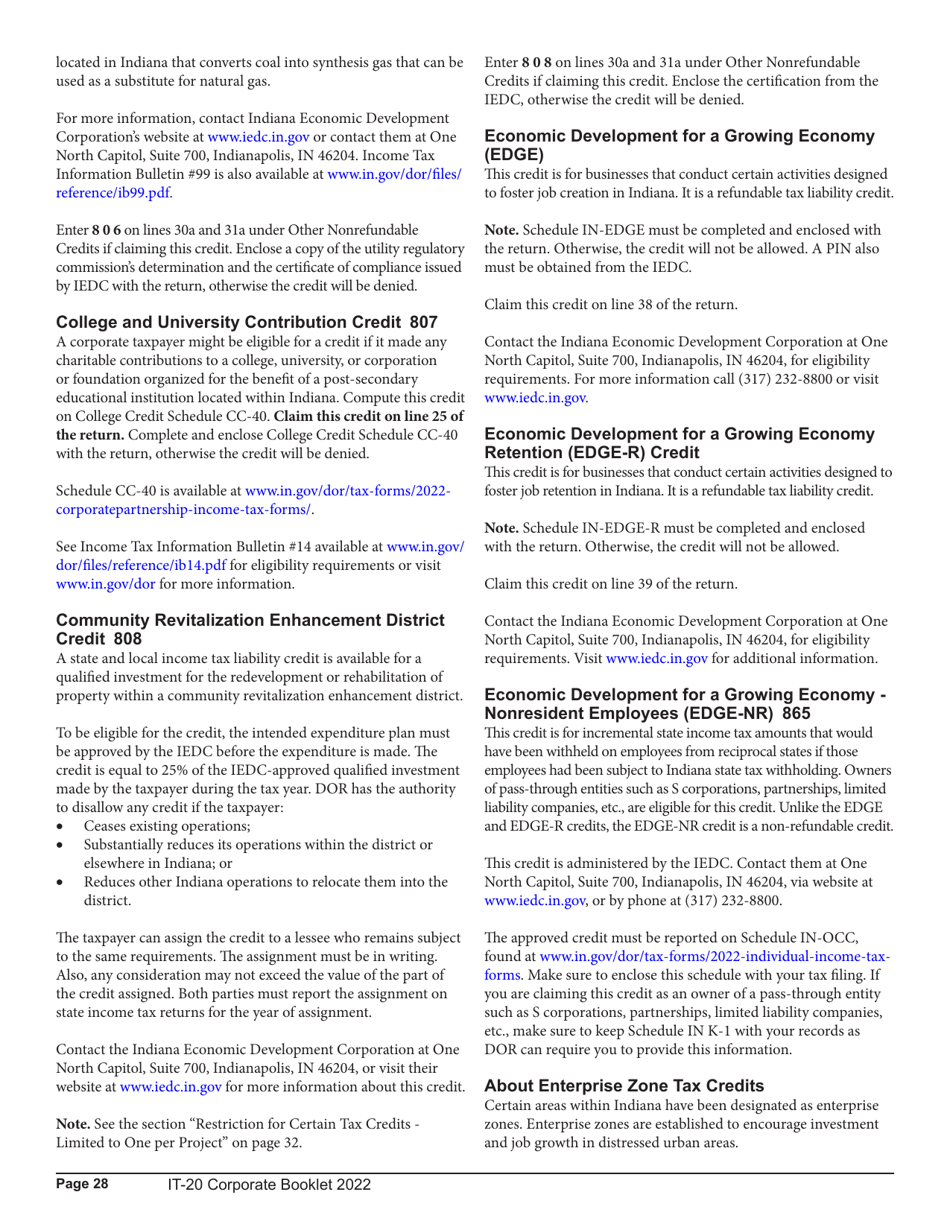 Instructions for Form IT-20, State Form 44275 Indiana Corporate Adjusted Gross Income Tax Return - Indiana, Page 28