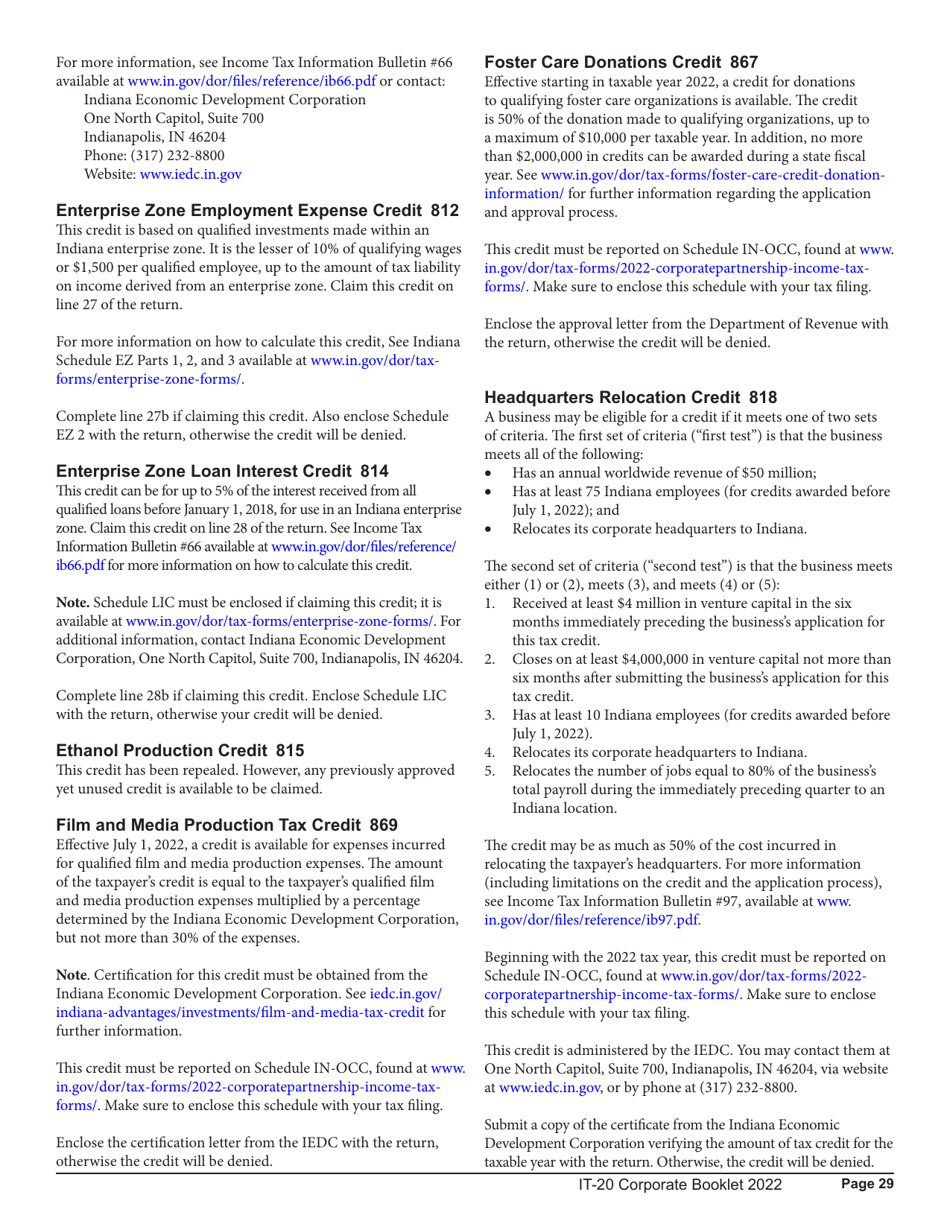 Instructions for Form IT-20, State Form 44275 Indiana Corporate Adjusted Gross Income Tax Return - Indiana, Page 29
