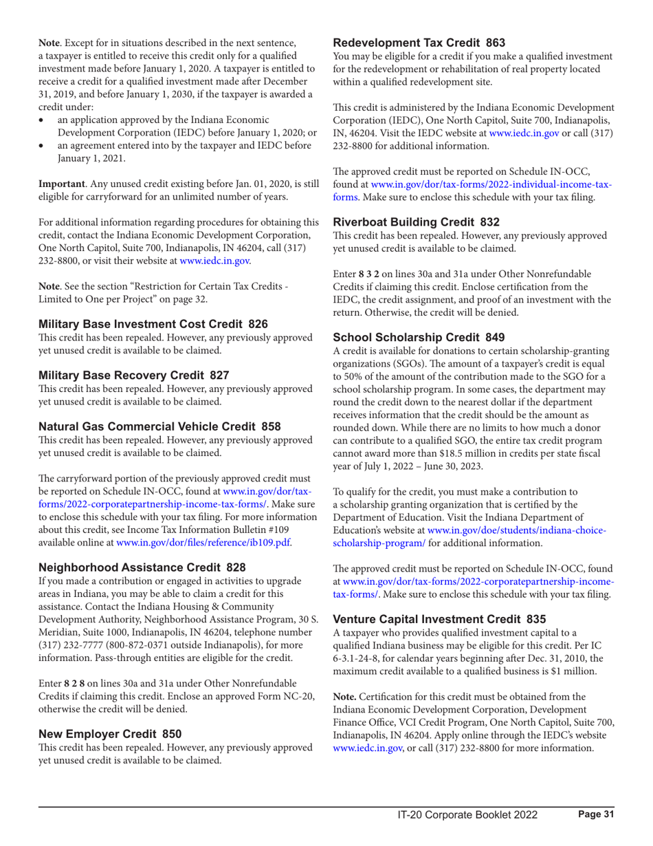 Instructions for Form IT-20, State Form 44275 Indiana Corporate Adjusted Gross Income Tax Return - Indiana, Page 31