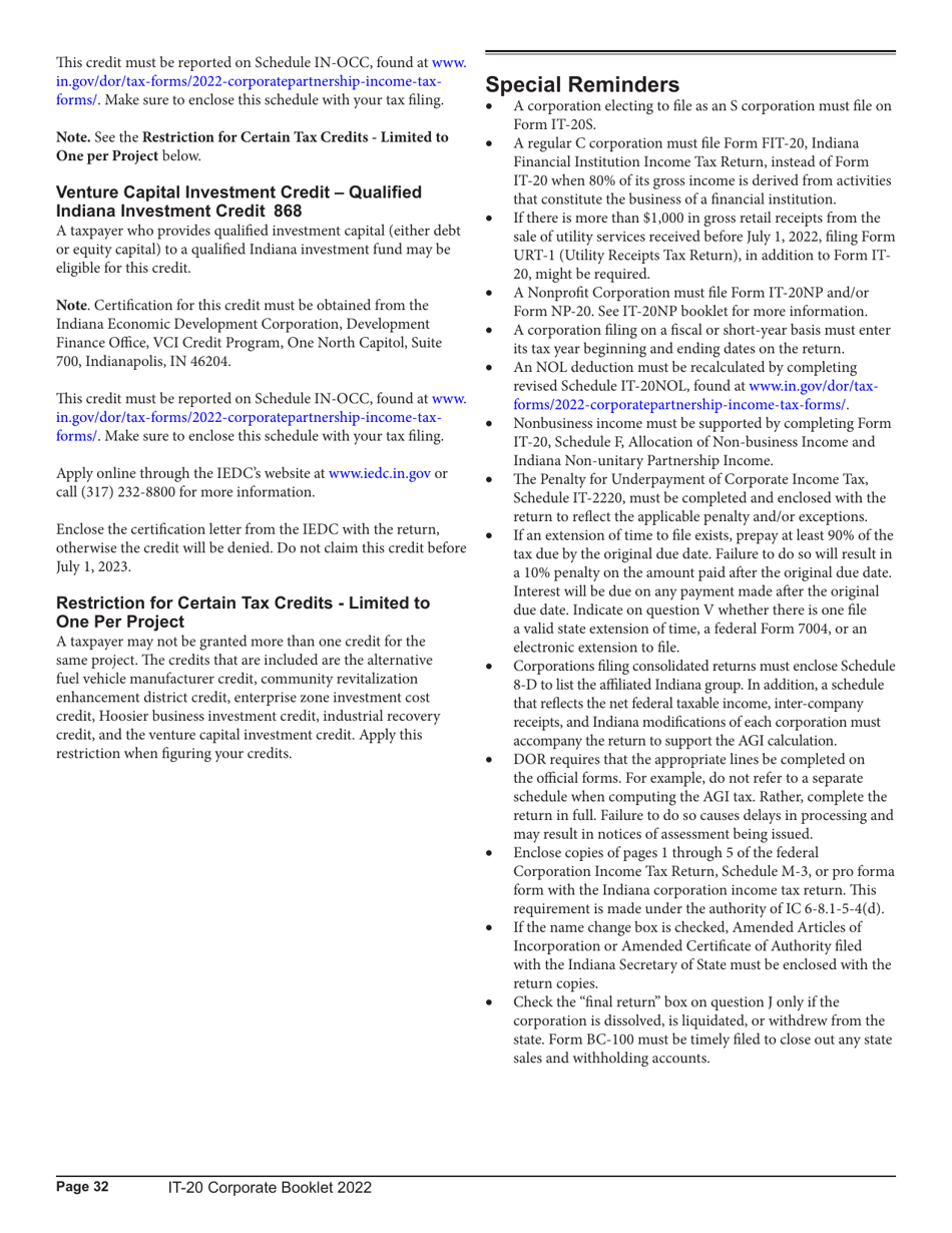 Instructions for Form IT-20, State Form 44275 Indiana Corporate Adjusted Gross Income Tax Return - Indiana, Page 32