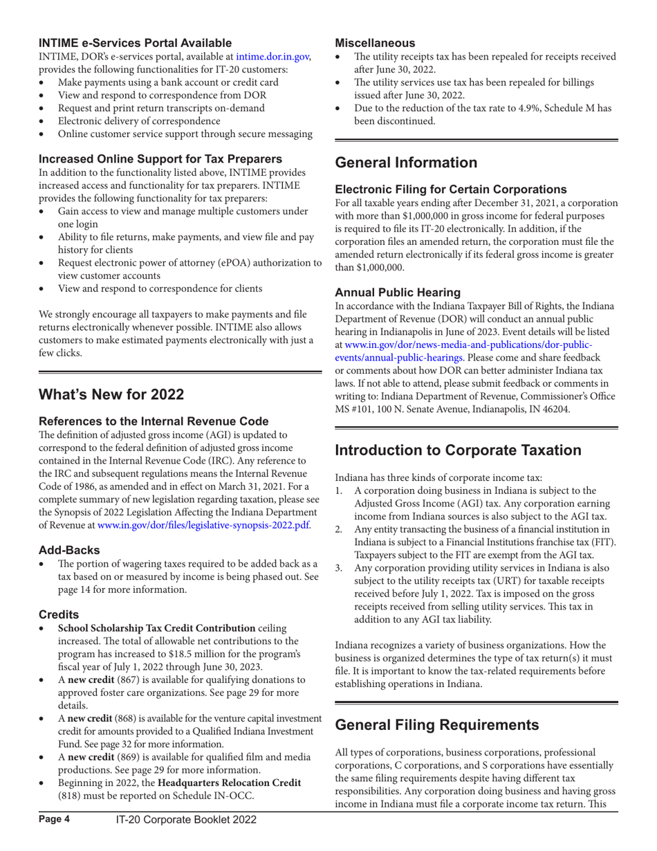 Instructions for Form IT-20, State Form 44275 Indiana Corporate Adjusted Gross Income Tax Return - Indiana, Page 4